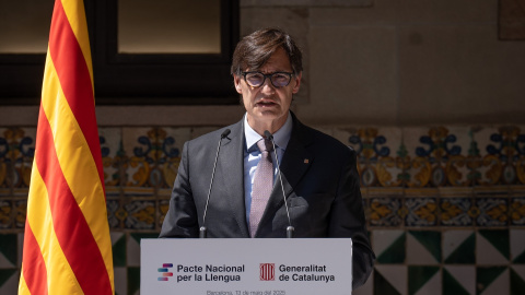 El presidente de la Generalitat, Salvador Illa, interviene durante la firma del Pacte Nacional per la Llengua, a 13 de mayo de 2025, en Barcelona, Catalunya (España). El presidente de la Generalitat, Salvador Illa, interviene durante la firma del Pacte Nacional per la Llengua, a 13 de mayo de 2025, en Barcelona, Catalunya (España).