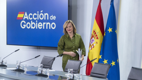 La portavoz del Gobierno y ministra de Educación, Formación Profesional y Deportes, Pilar Alegría, durante la rueda de prensa posterior al Consejo de Ministros, en el Complejo de la Moncloa
