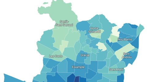 Mapa dels barris de Barcelona amb el percentatge de població nascuda a l'estranger, a 1 de gener de 2025.