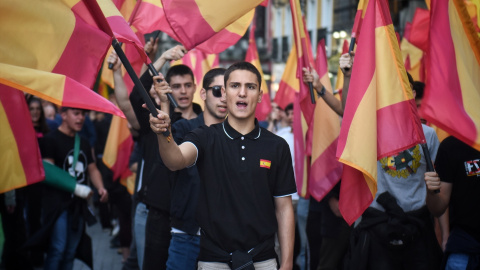 Varios jóvenes con banderas españolas durante una manifestación antimigración convocada por Falange en Madrid, España Varios jóvenes con banderas españolas durante una manifestación antimigración convocada por Falange en Madrid, España