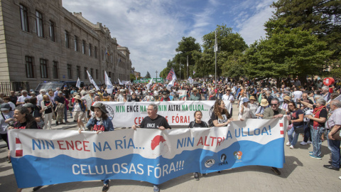 Manifestación contra la fábrica de celulosa de Ence de la ría de Pontevedra y el proyecto de Altri en Palas el 1 de junio de 2025.