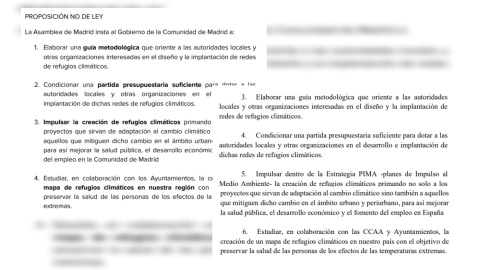 A la izquierda, la PNL de Más Madrid; a la derecha, la enmienda original del PP A la izquierda, la PNL de Más Madrid; a la derecha, la enmienda original del PP