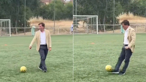 Almeida pelotazo El alcalde de Madrid, José Luis Martínez-Almeida, da un pelotazo a un grupo de niños.