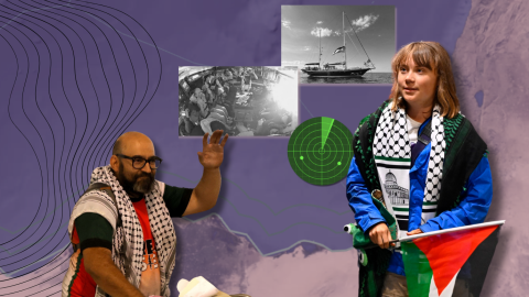 2 Mapa de las aguas territoriales del Mediterráneo Oriental e imágenes del Madleen, del activista español Sergio Toribio, la sueca Greta Thumberg y del momento de la detención de los activistas