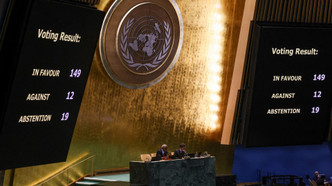 Vista del resultado de la votación en la Asamblea General de la ONU de la resolución promovida por España que pide el alto el fuego en Gaza.