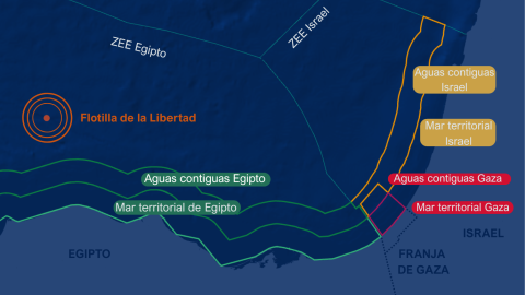 Recreación de la posición del barco según sus últimas coordenadas y delimitación de las fronteras marítimas