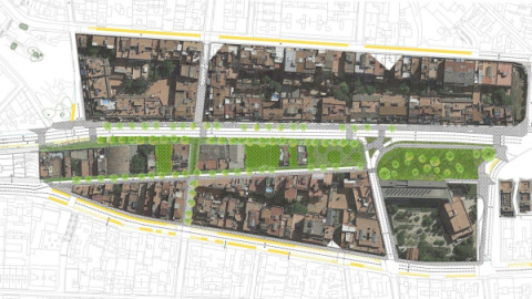 Render de la rambla verde alternativa, propuesta por Som Barri y la cooperativa de arquitectura y urbanismo social Voltes.