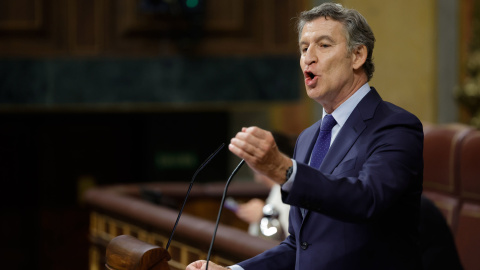 El presidente del PP, Alberto Núñez Feijóo, interviene desde la tribuna de oradores en una foto de archivo.