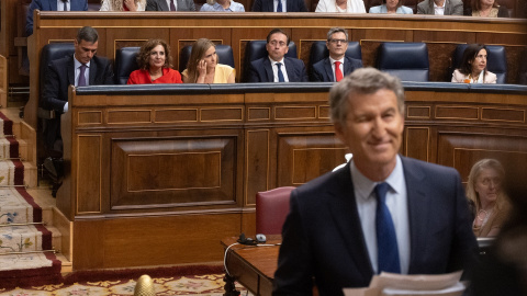 El presidente del PP, Alberto Núñez Feijóo, el pasado miércoles en el Congreso de los Diputados frente a la bancada del Gobierno.