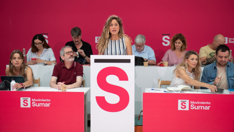 La coordinadora de Movimiento Sumar, Lara Hernández, durante la última reunión del curso político del Grupo Coordinador, en Madrid (España), a 12 de julio de 2025. La coordinadora de Movimiento Sumar, Lara Hernández, durante la última reunión del curso político del Grupo Coordinador, en Madrid (España), a 12 de julio de 2025.