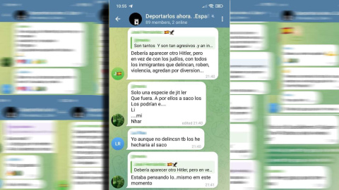 imagen cero Captura de pantalla de mensajes publicados en el grupo de Telegram "Deportarlos Ahora".