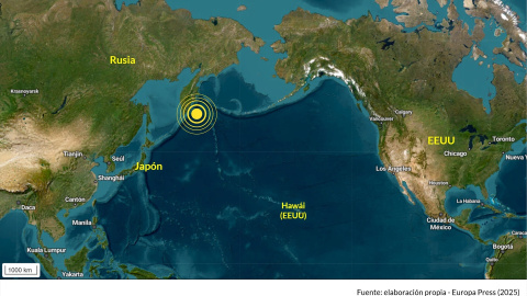 Mapa del terremoto de magnitud 8,8 en la escala Richter en la península de Kamchatka, Rusia.
