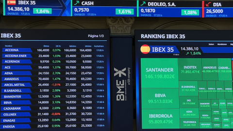 Paneles informativos de la Bolsa de Madrid con la evolución de los principales valores del mercado.
