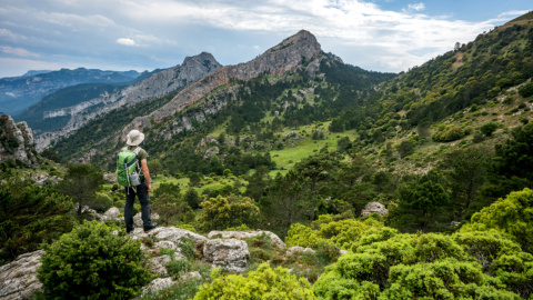 Un excursionista observa el paisatge al parc natural del Port Un excursionista observa el paisatge al parc natural del Port