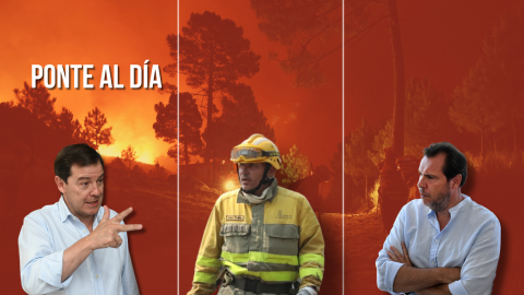 Ponte al día (10) El presidente de Castilla y León, Alfonso Fernández Mañueco; y el ministro de Transportes, Óscar Puente, junto a un bombero.