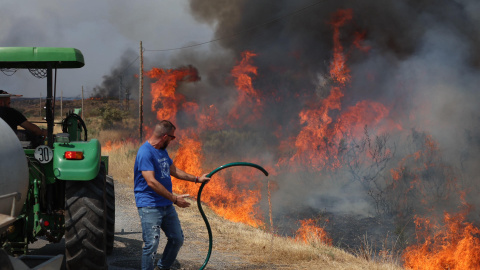 Un hombre intenta apagar las llamas de un incendio en A Gudiña, en Ourense. Un hombre intenta apagar las llamas de un incendio en A Gudiña, en Ourense.