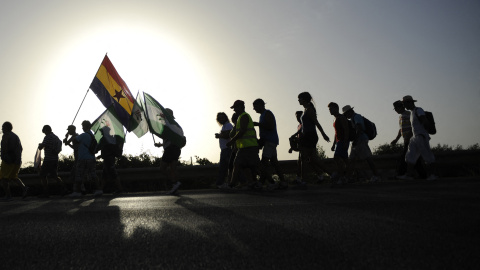 Jornaleros de Marinaleda durante una marcha. Una imagen de archivo.