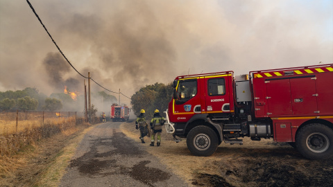 Bomberos durante un incendio, 6 de agosto de 2025, en Casar de Cáceres (Extremadura).