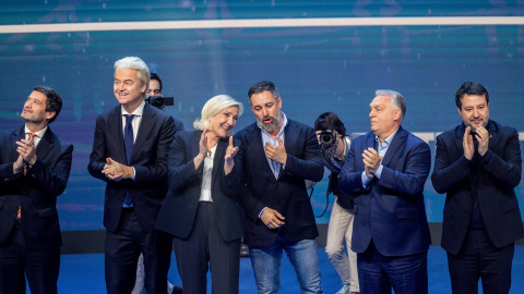 EuropaPress_6506886_i_d_presidente_chega_andre_ventura_lider_partido_libertad_geert_wilders Imagen de archivo de El presidente de Chega!, André Ventura, el líder del Partido por la Libertad, Geert Wilders, la líder de Agrupación Nacional, Marine Le Pen, el líder de Vox, Santiago Abascal, el primer ministro de Hungría, Viktor Orban, y el líder de Liga y vicepresidente del Consejo de Ministros de Italia, Matteo Salvini, durante la cumbre ‘Patriots’, en Hotel Marriott Auditorium.