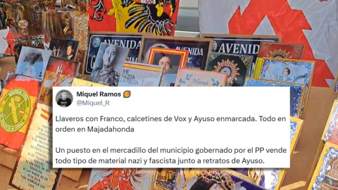 Puesto de un mercadillo denunciado en las redes sociales por vender material fascista.