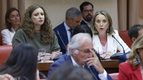 Las diputadas del PP Ester Muñoz (i) y Cuca Gamarra (d) antes de asistir a la reunión de la Diputación Permanente del Congreso.