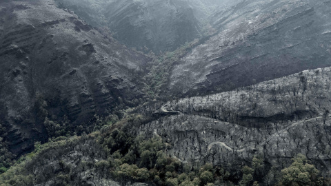 Imagen de la superficie calcinada en Larouco (Ourense) por el peor incendio de la historia de Galicia.