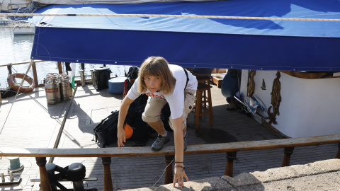 La activista clímatica sueca Greta Thunberg en uno de los barcos participantes de la Flotilla Global Sumud.