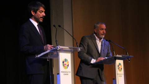 El ministre de Cultura espanyol, Ernest Urtasun, i el subdirector general de la UNESCO, Ernesto Ottone, en la presentació de Mondiacult a la Fundació Miró de Barcelona. El ministre de Cultura espanyol, Ernest Urtasun, i el subdirector general de la UNESCO, Ernesto Ottone, en la presentació de Mondiacult a la Fundació Miró de Barcelona.