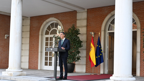 El presidente del Gobierno, Pedro Sánchez, durante la declaración institucional realizada este lunes en Moncloa El presidente del Gobierno, Pedro Sánchez, durante la declaración institucional realizada este lunes en Moncloa
