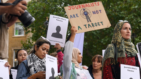 Concentración organizada por la Sección de Periodistas Autónomos de Londres contra el asesinato de compañeros de profesión en Gaza, el pasado 27 de agosto de 2025.