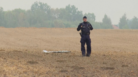 A Polish police officer stands near a unmanned aerial vehicle (UAV) fragment, after Russian drones violated Polish airspace during an attack on Ukraine and some were shot down by Poland, in Czesniki, Lublin Voivodeship, Poland, September 10, 2025 in this still image from video. Polsat News via REUTERS    THIS IMAGE HAS BEEN SUPPLIED BY A THIRD PARTY. POLAND OUT. NO COMMERCIAL OR EDITORIAL SALES IN POLAND     TPX IMAGES OF THE DAY