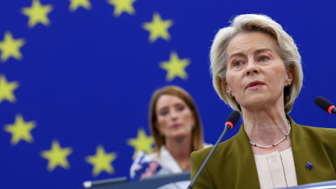 2025-09-10T091052Z_115358220_RC2VOGA9N4KB_RTRMADP_3_EU-STATEOFUNION La Presidenta de la Comisión Europea, Ursula von der Leyen, pronuncia el discurso sobre el estado de la Unión Europea ante el Parlamento Europeo, en Estrasburgo (Francia).