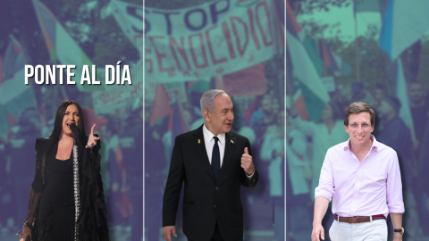 Fotomontaje con imágenes de Yuval Raphael, Benjamín Netanyahu y José Luis Martínez -Almeida. Fotomontaje con imágenes de Yuval Raphael, Benjamín Netanyahu y José Luis Martínez -Almeida.