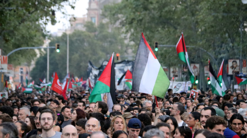 Manifestants amb banderes palestines en la manifestació a Barcelona.