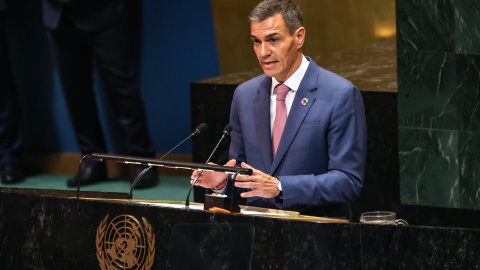 El presidente del Gobierno, Pedro Sánchez, este lunes en la Conferencia Internacional sobre Palestina celebrada en la ONU.