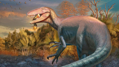 El dinosaurio y su presa. Reconstrucción del 'Joaquinraptor casali'.