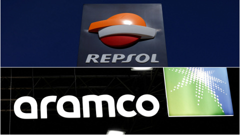 Los logos de las petrolera Repsol y Aramco. Los logos de las petrolera Repsol y Aramco.