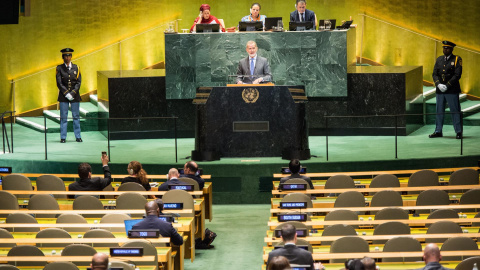 Felipe VI, durante su intervención este miércoles ante la Asamblea General de Naciones Unidas. Felipe VI, durante su intervención este miércoles ante la Asamblea General de Naciones Unidas.