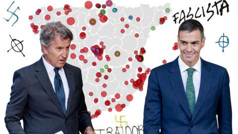Imágenes de Sánchez y Feijóo (EP), con el mapa de la violencia política en España y algunas de las pintadas en las sedes. Imágenes de Sánchez y Feijóo (EP), con el mapa de la violencia política en España y algunas de las pintadas en las sedes.