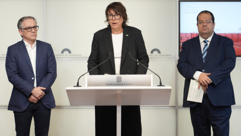 L'eurodiputada d'ERC Diana Riba i els diputats al Parlament Josep Maria Jové i Joan Ignasi Elena, en roda de premsa aquest dimecres L'eurodiputada d'ERC Diana Riba i els diputats al Parlament Josep Maria Jové i Joan Ignasi Elena, en roda de premsa aquest dimecres