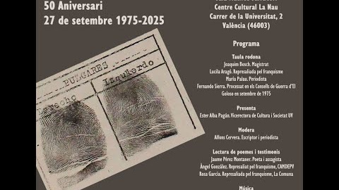 Intervención de Lucila Aragó en el acto “Memòria y Resistencia. 50 Aniversari” celebrado el 26 de septiembre de 2025 en el Jardí Botànic de Valencia.

Sala Matilde Salvador – Centre Cultural La Nau (UV) tindrà lloc l’acte “Memòria i Resistència. 50 Aniversari 27 de setembre 1975-2025”, gràcies al patrocini d’Acció Ciutadana contra la impunitat del franquisme.

