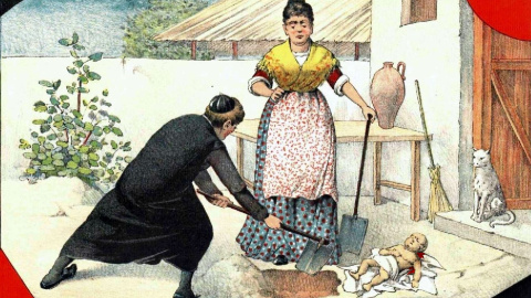 curas feminicidas Ilustración del cura Galindo enterrando a la bebé en presencia de Paula o de su madre.