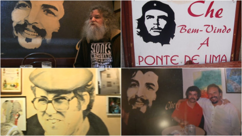 Xaixa, Camilo (hijo del Che Guevara) y una imagen de Zeca Afonso, en la cervecería Rampinha.