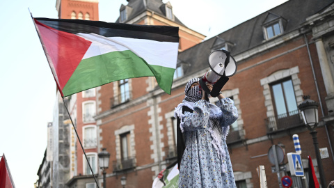 Personas participan en la manifestación en apoyo a Palestina frente al ministerio de Asuntos Exteriores, este miércoles en Madrid Personas participan en la manifestación en apoyo a Palestina frente al ministerio de Asuntos Exteriores, este miércoles en Madrid