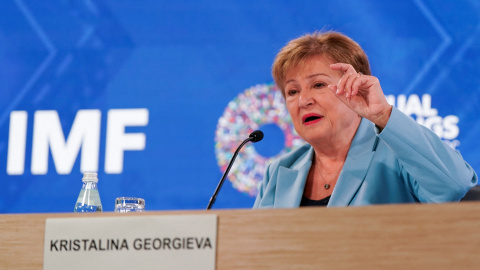 La directora gerente del Fondo Monetario Internacional (FMI), Kristalina Georgieva, en una comparecencia ante los medios durante la Asamblea Anual del organismo, en Washington DC.