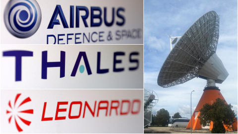 Los logos de las empresas aeroespaciales europeas Airbusm Thales y Leonardo, junto a las antenas de un centro de control de satélites en la localidad italiana de L'Aquila.