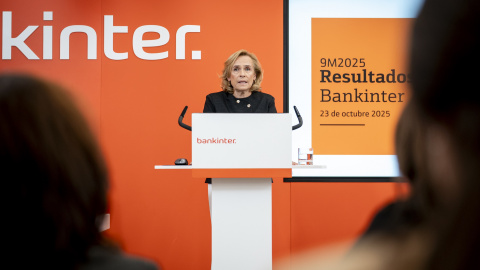 La consejera delegada de Bankinter, Gloria Ortiz, durante la presentación de los resultados trimestrales, en Madrid