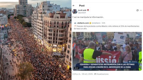 A la izquierda, la manifestación en València y, a la derecha, un tweet en respuesta a OKDiario. A la izquierda, la manifestación en València y, a la derecha, un tweet en respuesta a OKDiario.