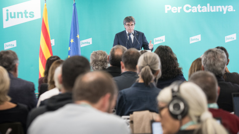 El presidente de Junts, Carles Puigdemont, durante una rueda de prensa en Perpiñán. El presidente de Junts, Carles Puigdemont, durante una rueda de prensa en Perpiñán.