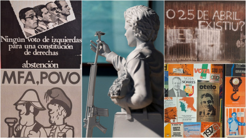 transicion españa portugal Carteles y escultura en la exposición sobre la Transición en España y Portugal.